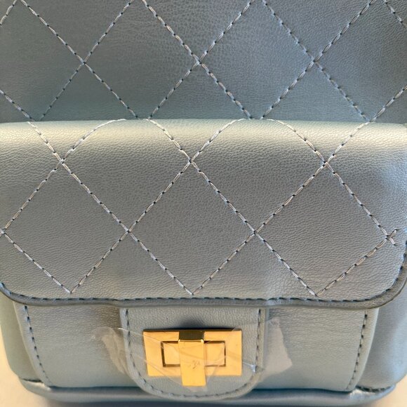 Quilted Puffer Backpack in Shiny Sky / Baby Blue W/ Gold Rope Straps - NWT - Picture 6 of 8